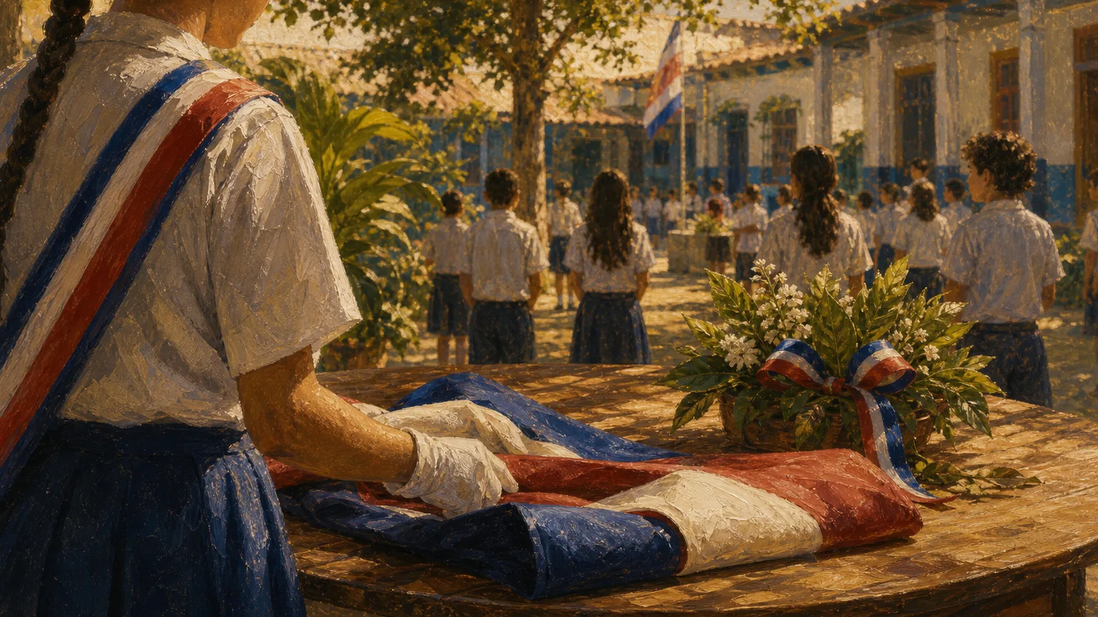 Ilustración editorial de la bandera de Costa Rica como símbolo cívico en una escuela.