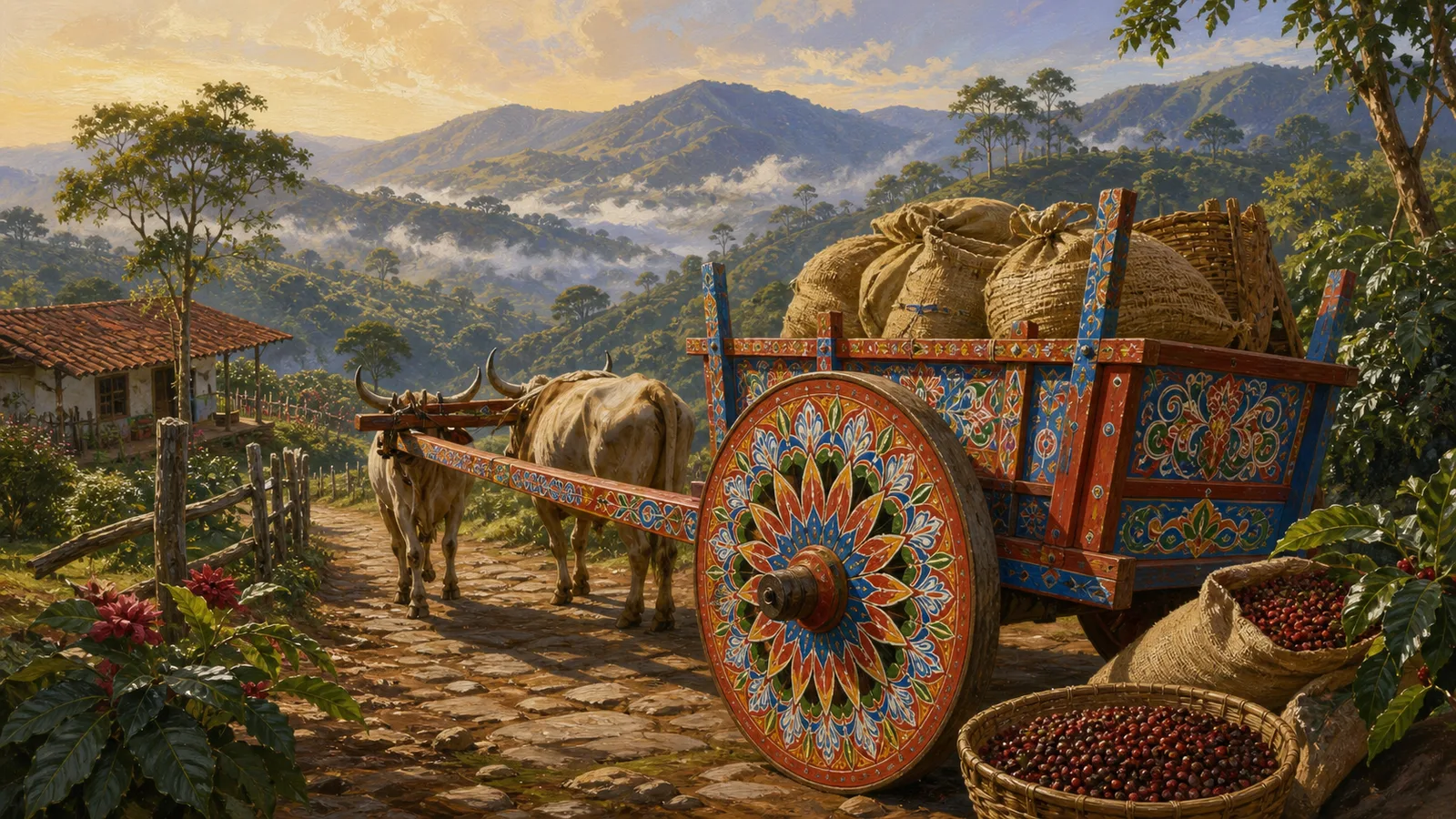 Ilustración editorial de una carreta típica costarricense pintada a mano en un paisaje rural cafetalero.