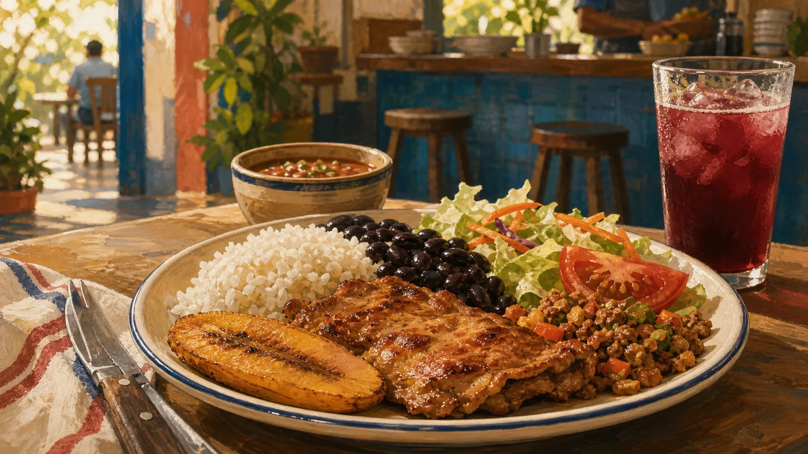 Ilustración editorial de un casado costarricense con arroz, frijoles, proteína, ensalada y fresco natural.