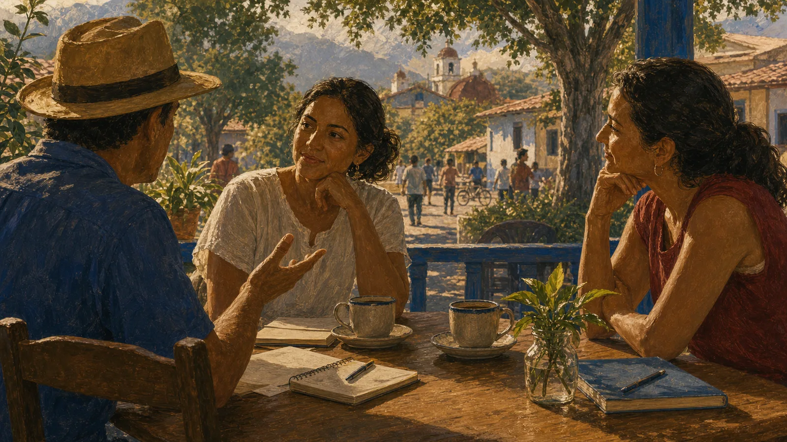 Ilustración editorial de una conversación costarricense en una soda, con café y gestos de escucha.