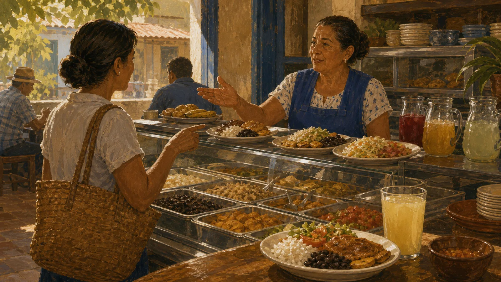 Ilustración editorial de una persona pidiendo comida en una soda costarricense.