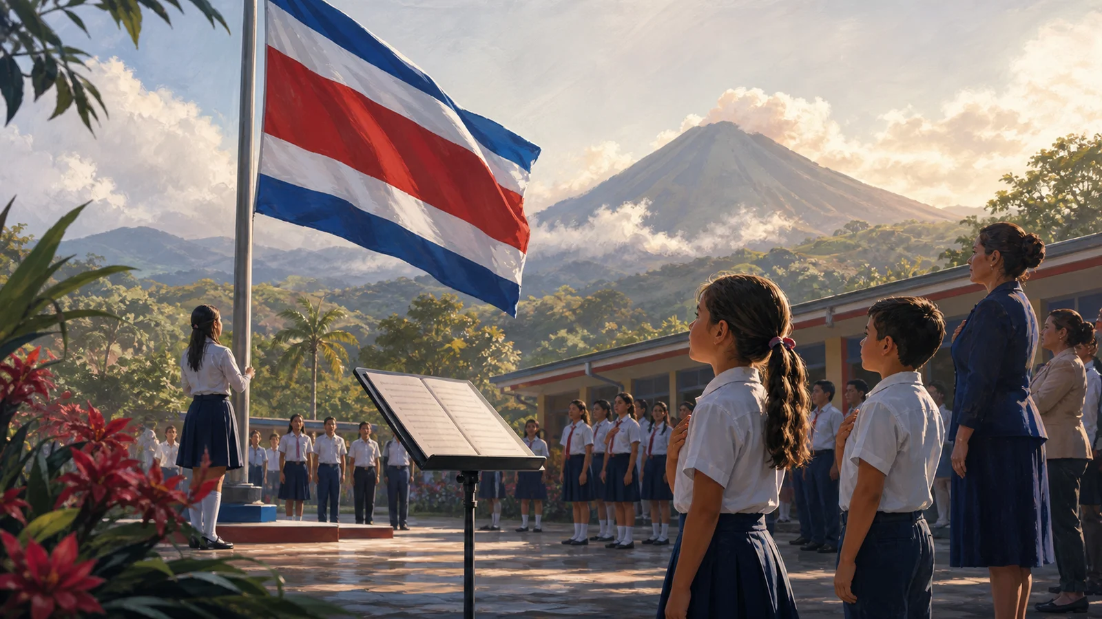 Ilustración editorial del Himno Nacional en un acto cívico escolar costarricense.