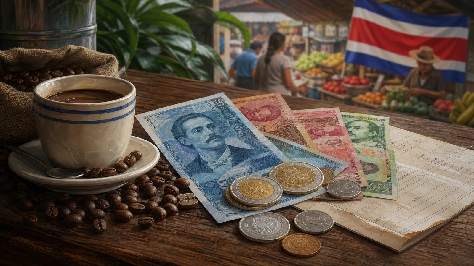 Ilustración editorial de colones costarricenses, café y vida de mercado local.