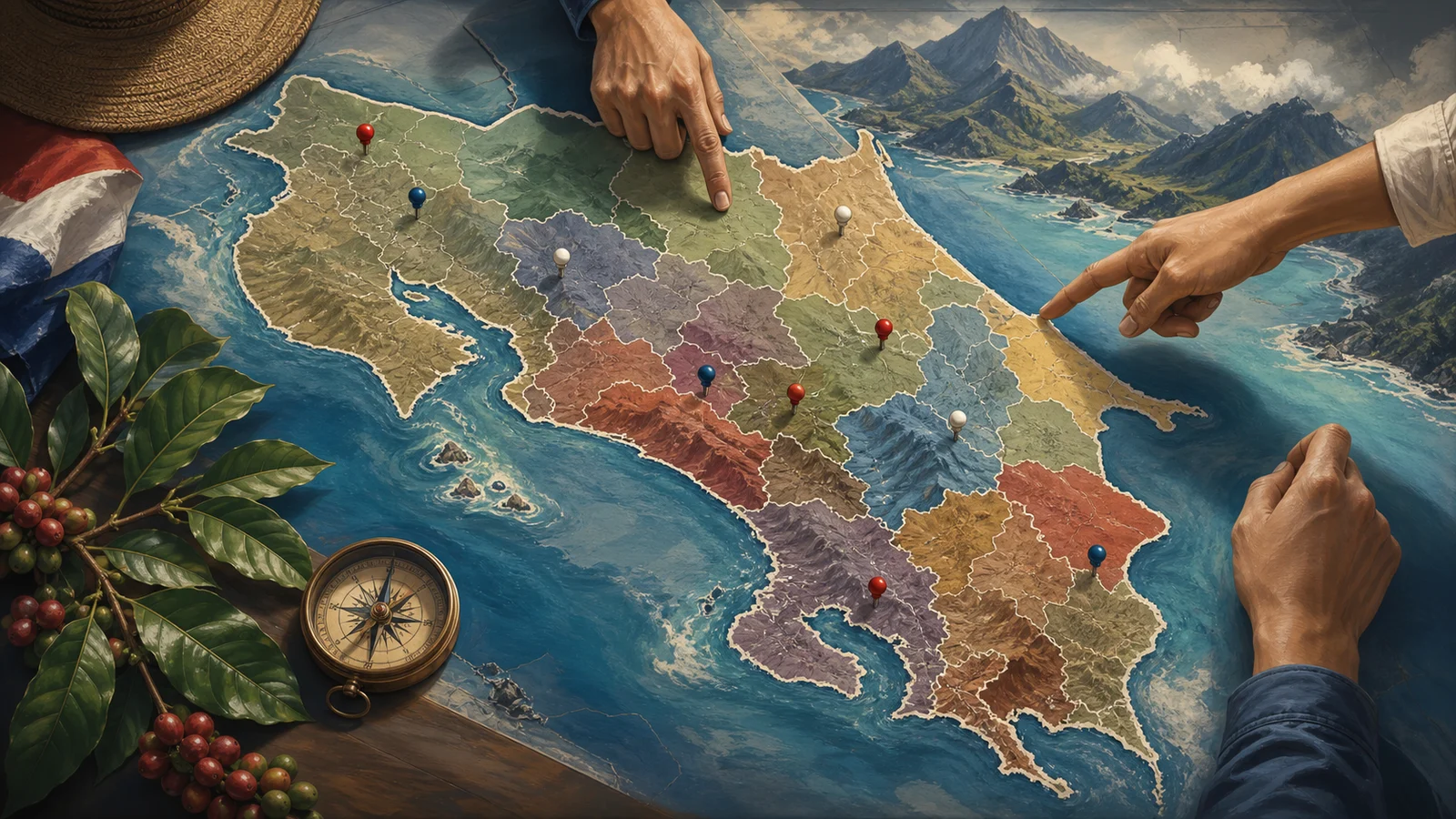 Ilustración editorial de un mapa de Costa Rica con provincias, cantones y pertenencia local.