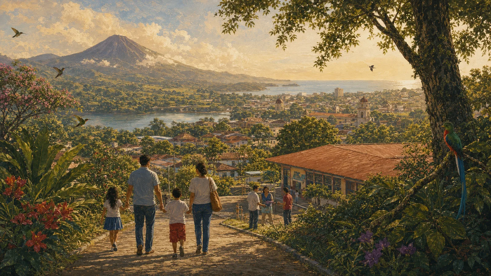 Editorial illustration of Costa Rica: landscape, culture, and everyday Costa Rican life.