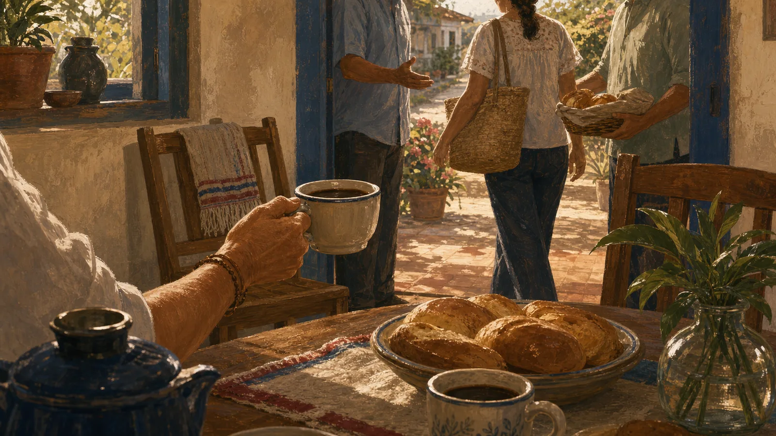 Ilustración editorial de costumbres costarricenses con café, pan y una visita familiar en la puerta de casa.
