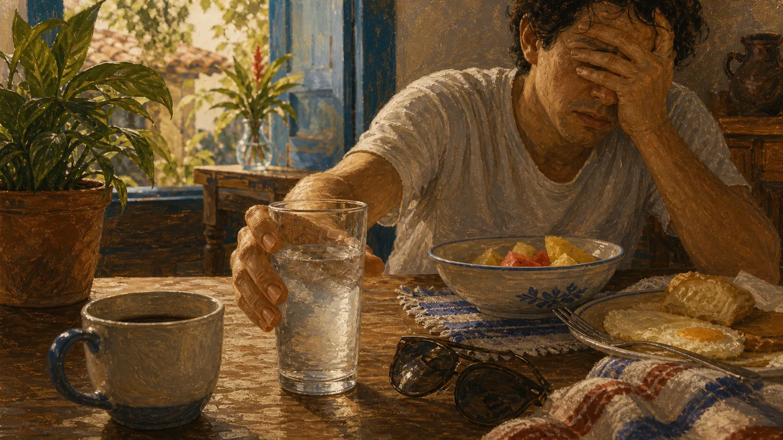 Ilustración editorial de una mañana de goma con agua, café y desayuno sencillo.