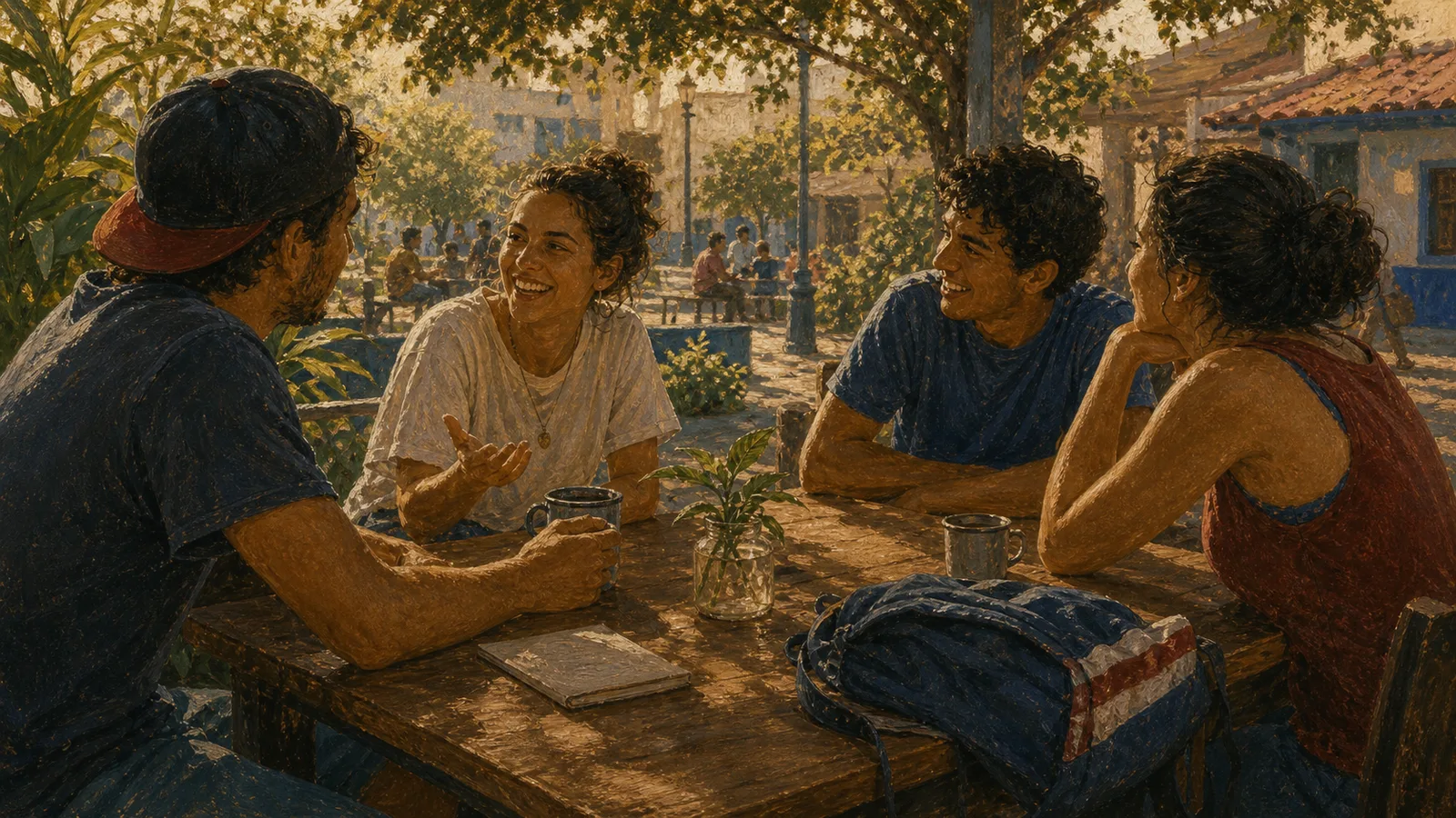 Ilustración editorial de una conversación informal entre amigos en Costa Rica.