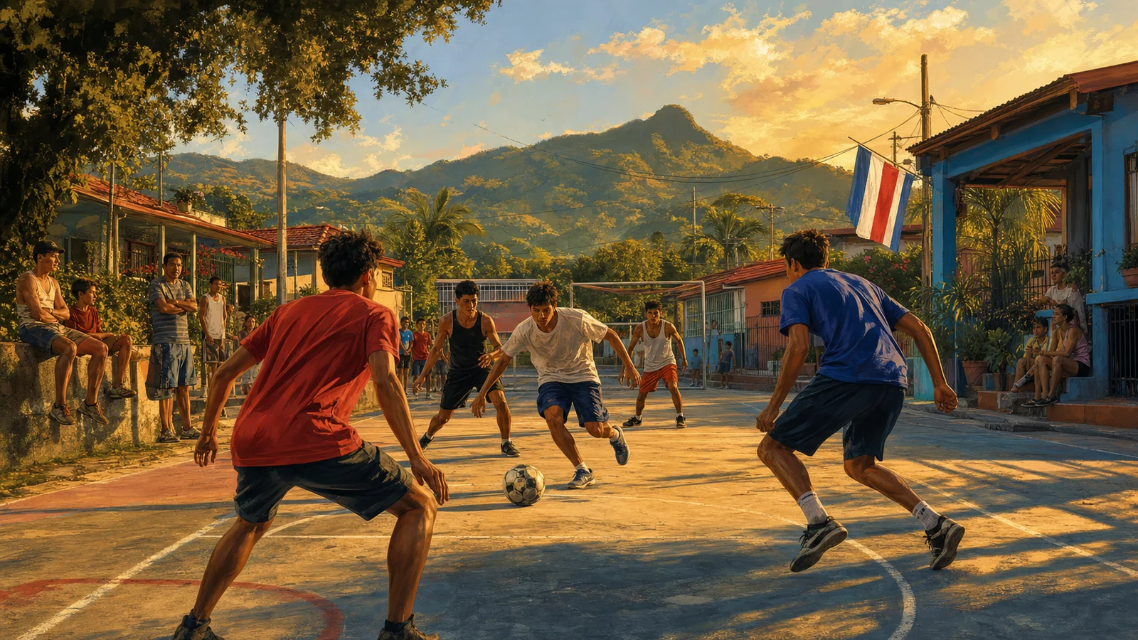 Ilustración editorial de una mejenga de barrio en Costa Rica al atardecer.