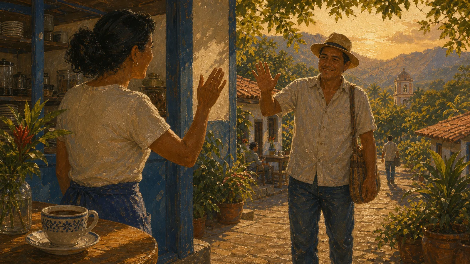 Ilustración editorial del pura vida como saludo cálido en una calle costarricense.