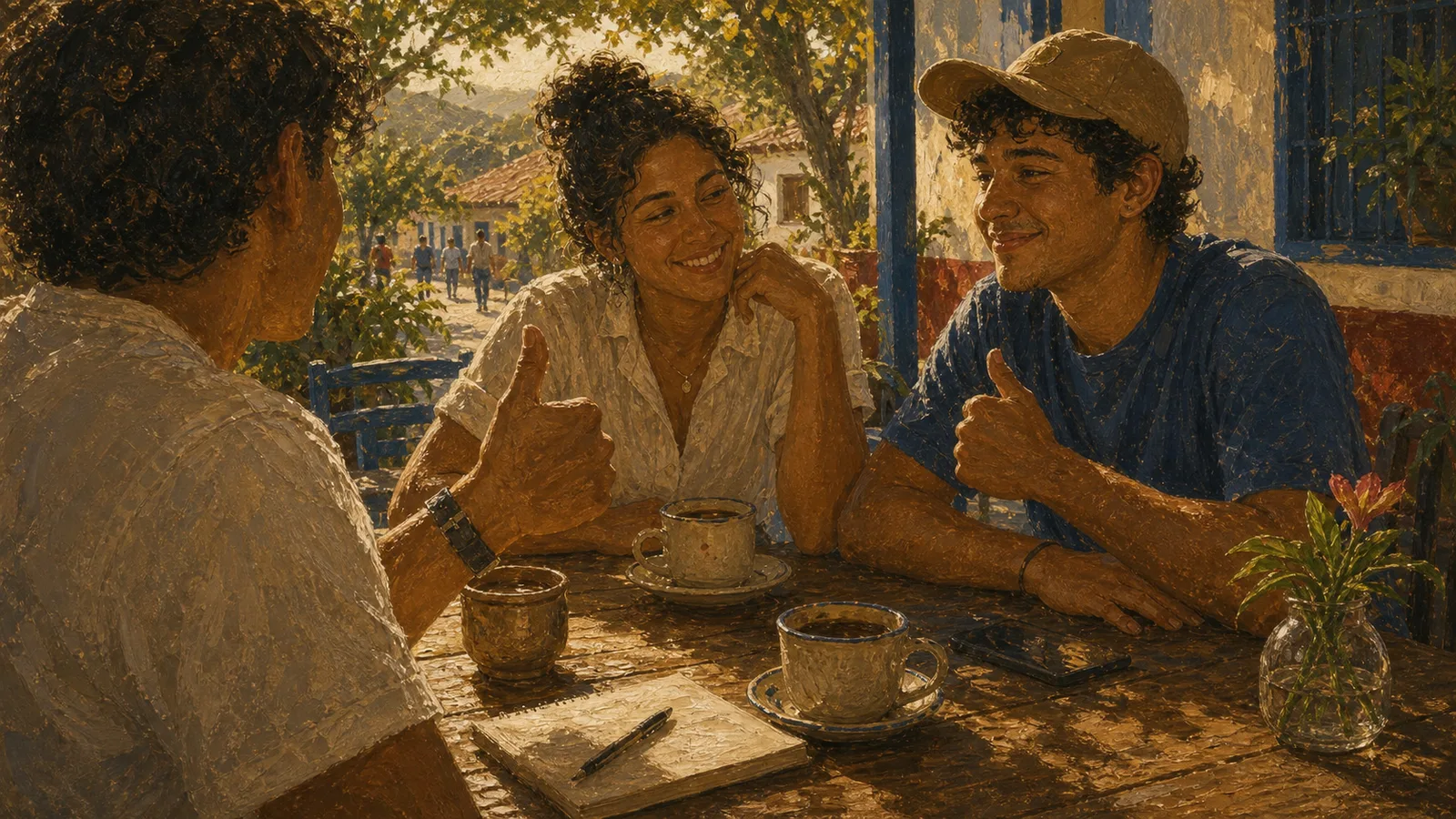 Ilustración editorial de aprobación amistosa en una conversación costarricense.