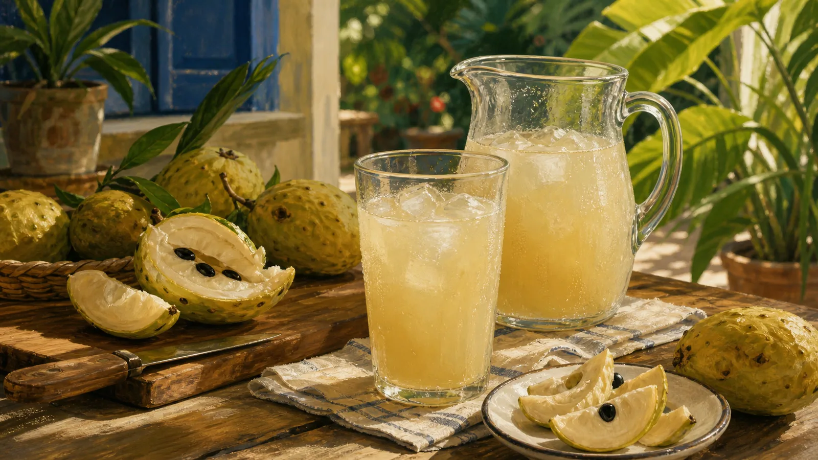 Ilustración editorial de fresco de cas con fruta, hielo y luz de patio costarricense.