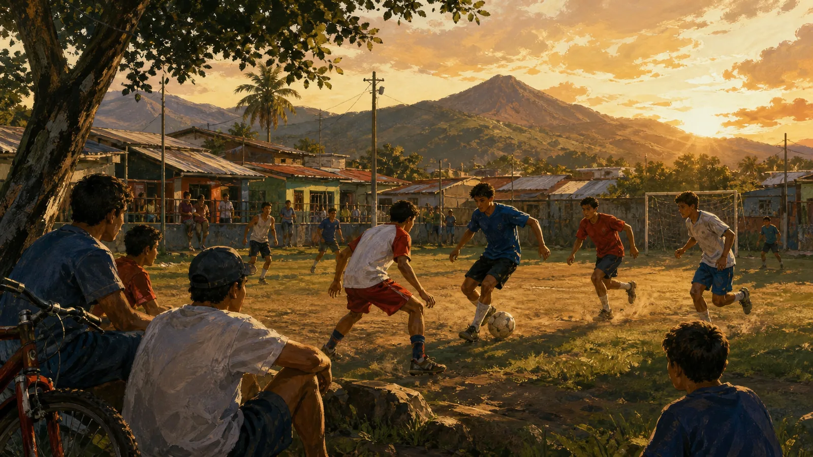 Ilustración editorial de una mejenga de fútbol en una plaza de barrio costarricense al atardecer.