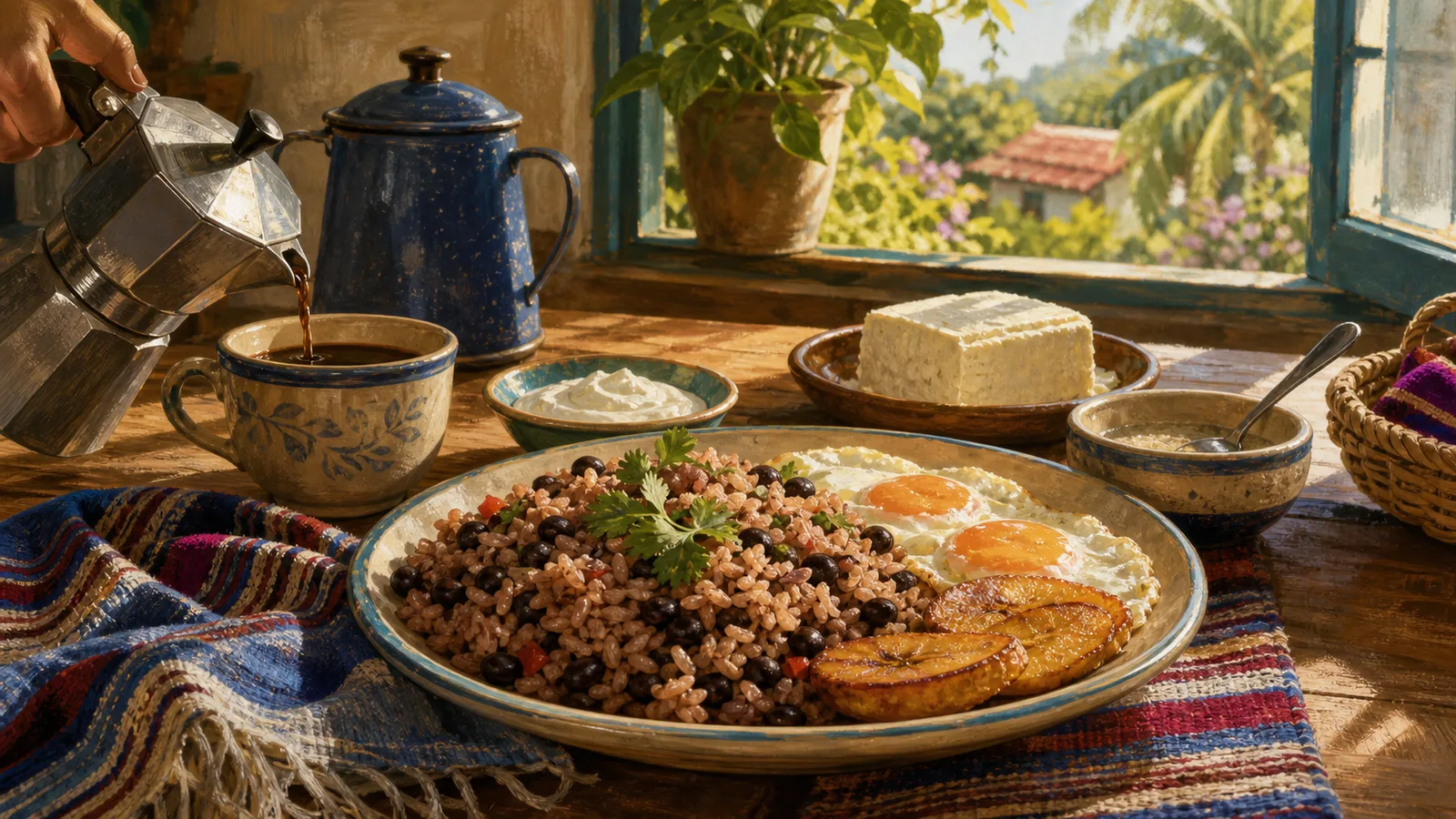 Ilustración editorial de gallo pinto costarricense servido en una mesa de desayuno con café y plátano maduro.