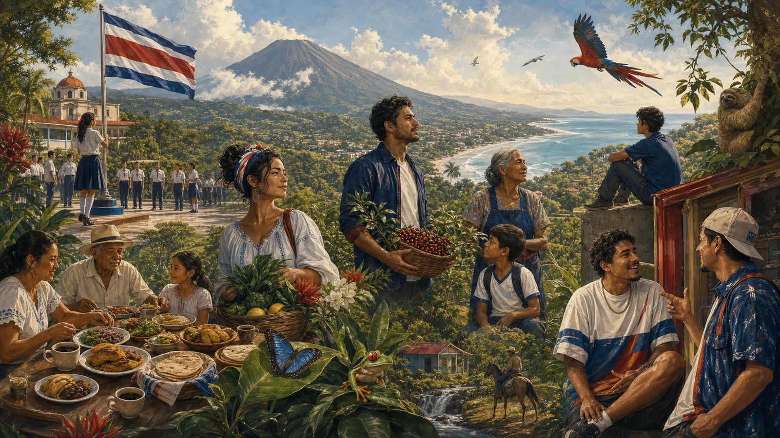 Ilustración editorial de Costa Rica como paisaje, cultura, paz, biodiversidad e identidad costarricense.