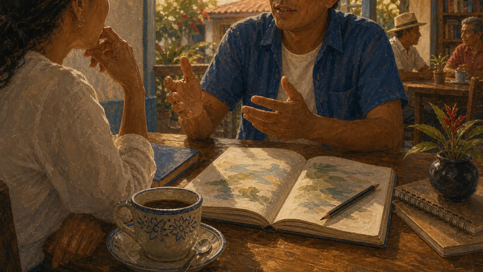 Ilustración editorial del idioma español en Costa Rica con café, cuaderno y conversación cotidiana.
