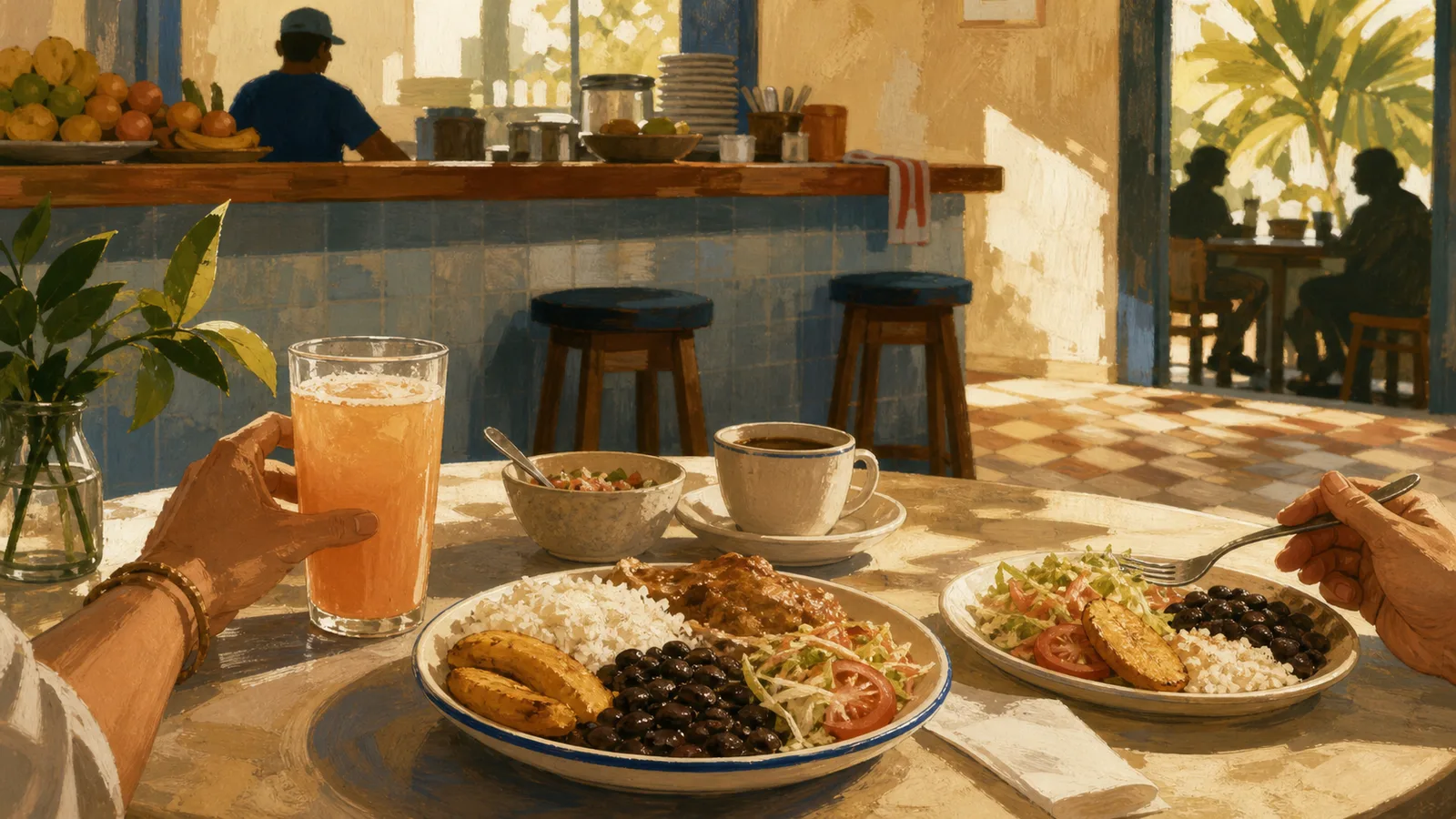 Ilustración editorial de una soda costarricense con casado, fresco natural y ambiente de barrio.