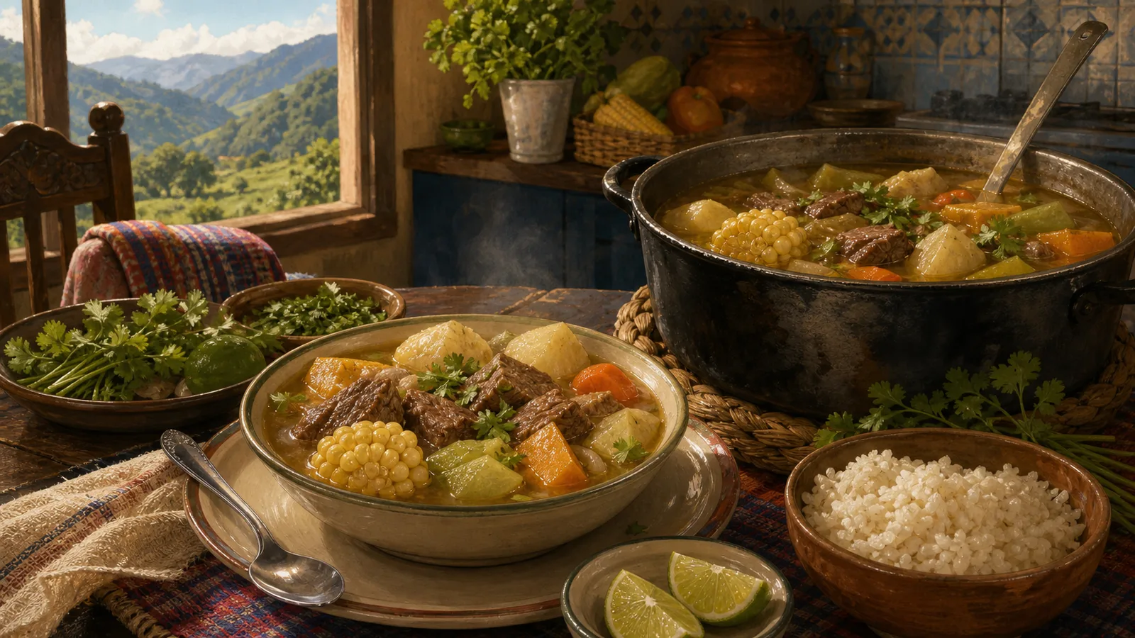 Ilustración editorial de olla de carne costarricense servida con verduras y arroz en una mesa de casa.