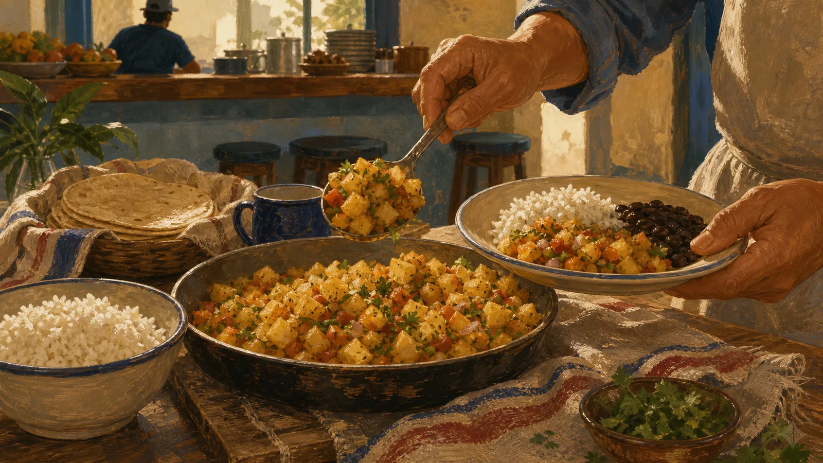 Ilustración editorial de picadillo de papa costarricense servido en una cocina casera.