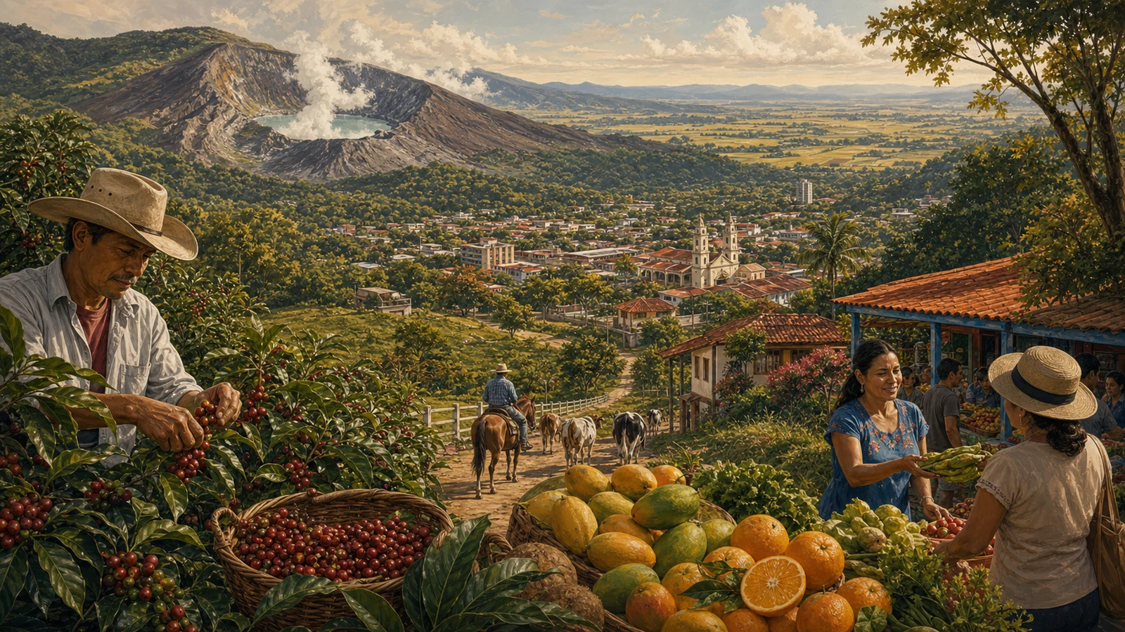 Ilustración editorial de Grecia, cantón de la provincia de Alajuela, Costa Rica.