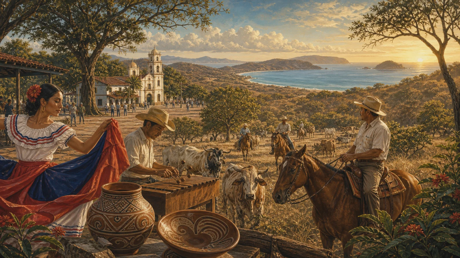 Ilustración editorial de Nicoya, cantón de la provincia de Guanacaste, Costa Rica.