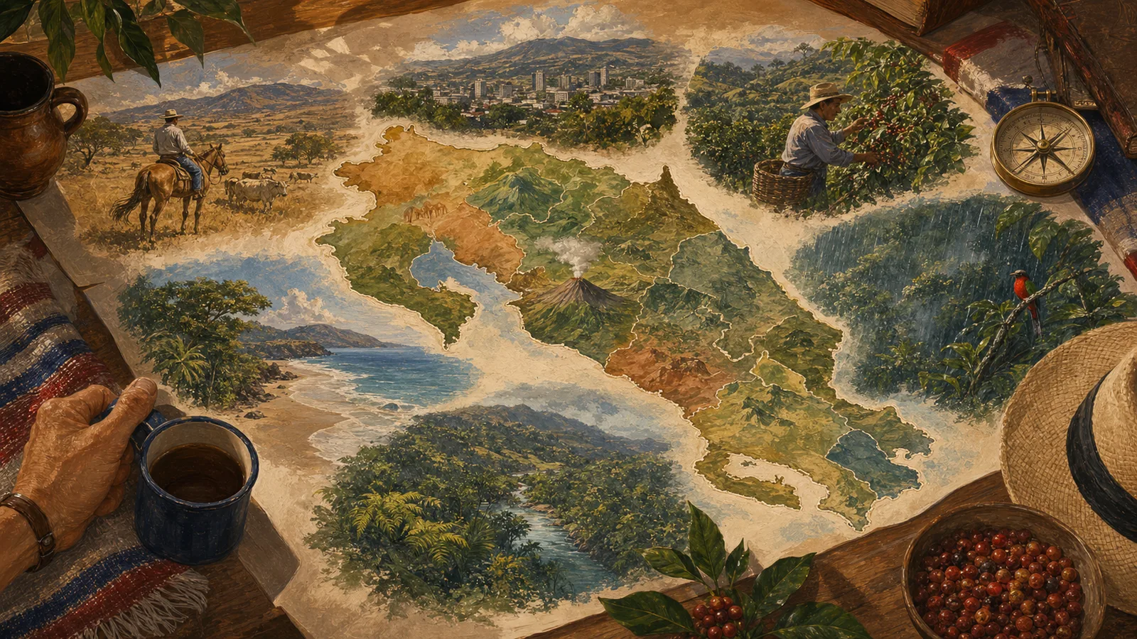 Ilustración editorial de las provincias de Costa Rica como mapa cultural con paisajes regionales.