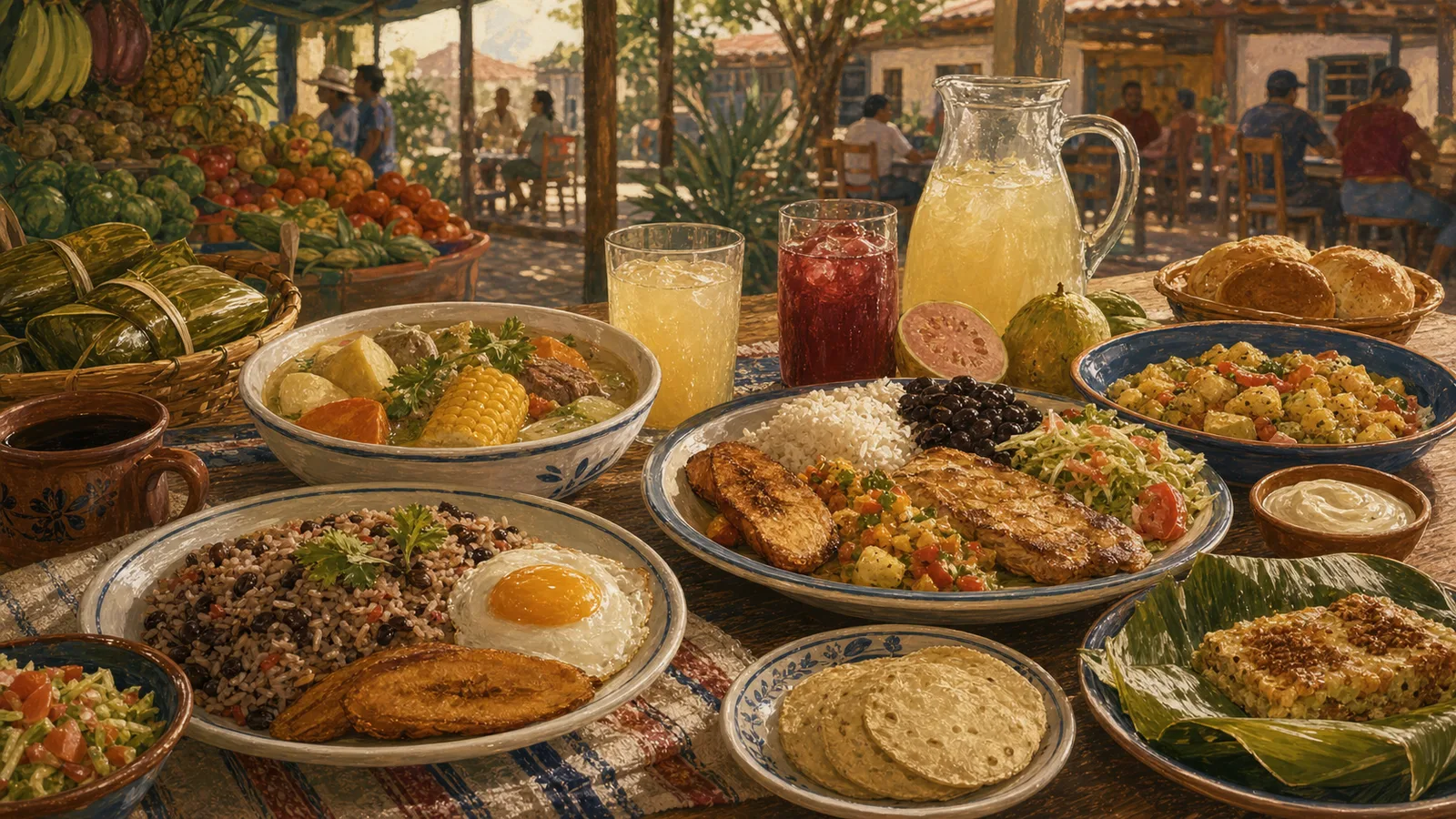 Ilustración editorial de comidas típicas de Costa Rica en una mesa de mercado y soda.