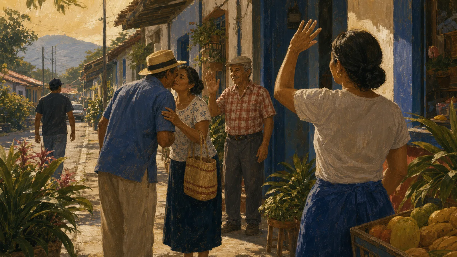 Ilustración editorial de saludos cotidianos en una calle de barrio costarricense.