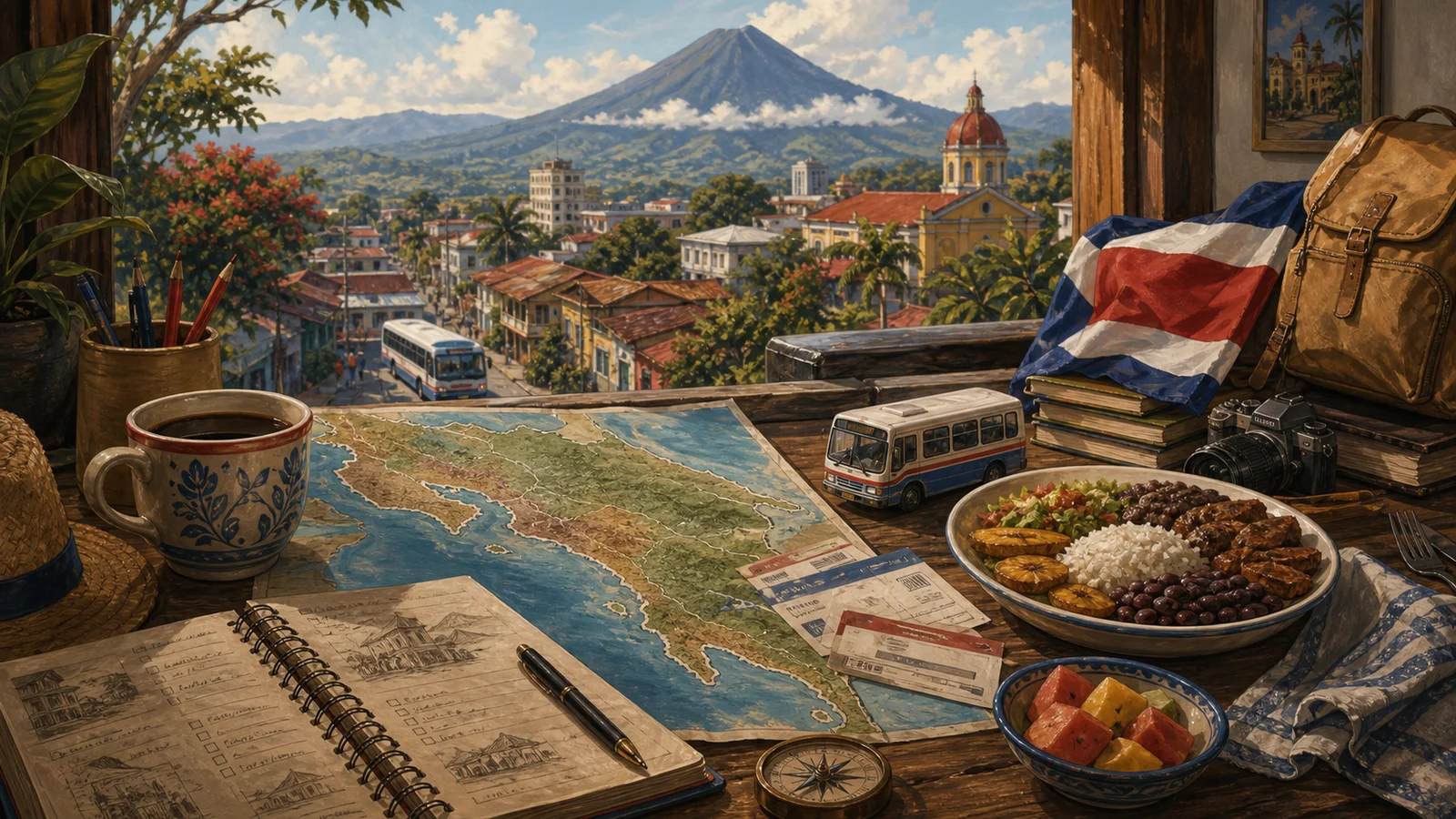 Ilustración editorial de guías de Costa Rica con mapa, café y orientación cultural.