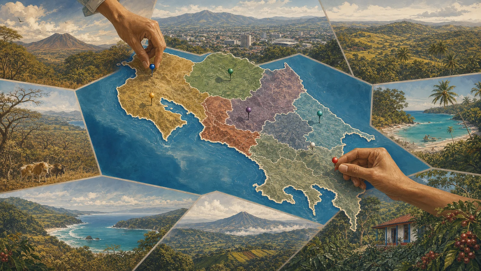 Ilustración editorial de las provincias de Costa Rica como mapa regional con paisajes del país.