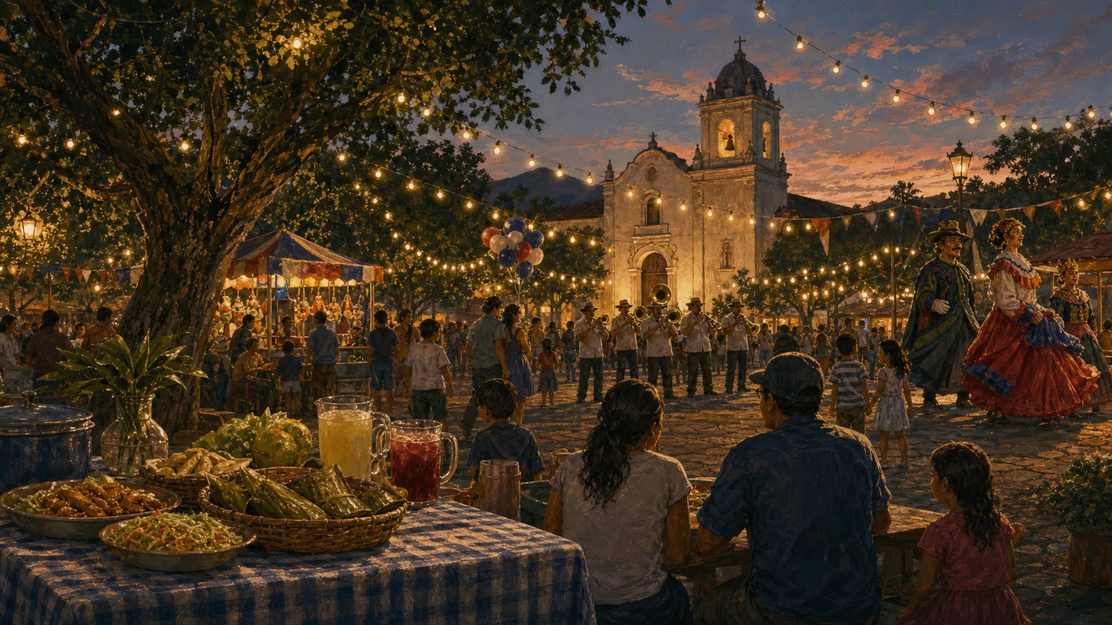 Ilustración editorial de turnos y fiestas patronales en una plaza costarricense con comida, luces y comunidad.